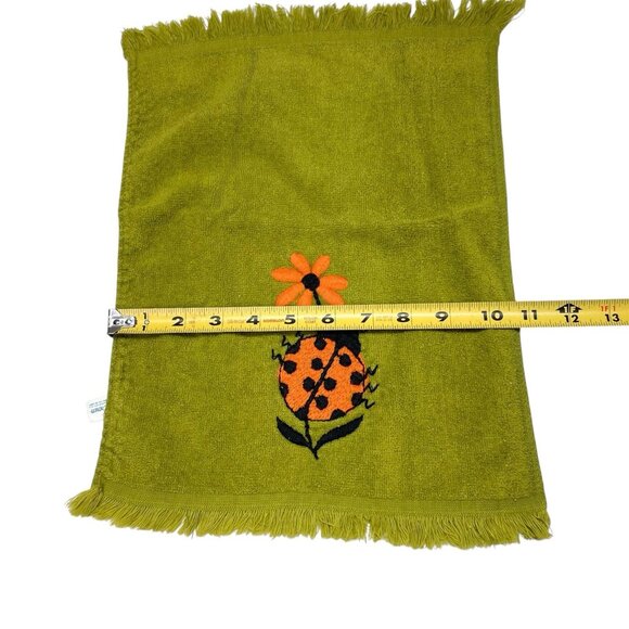 Golden Crown Fringed Fingertip Towel Embroidered Ladybug Flower Green - Picture 6 of 7